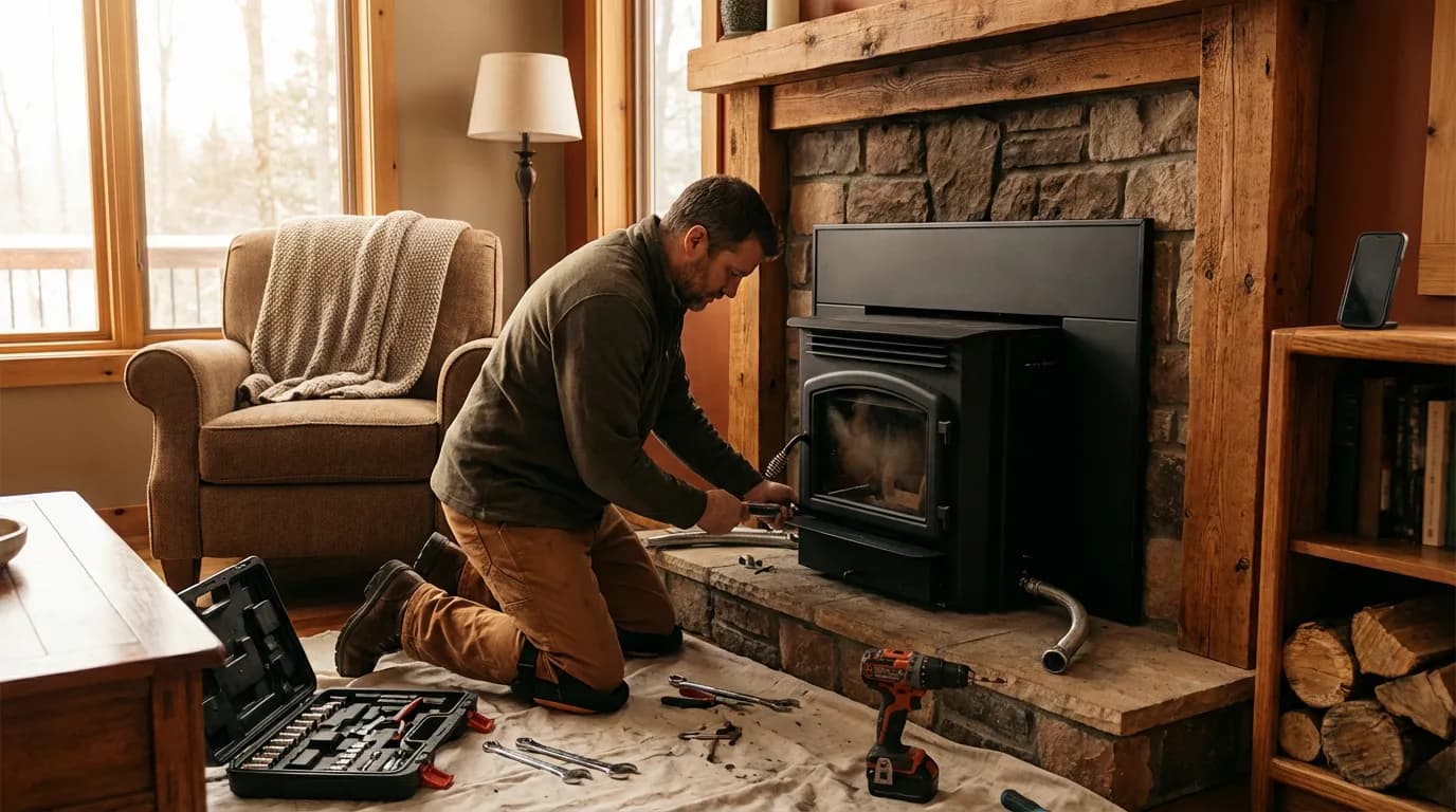Technicien cheministe installant un po\u00eale \u00e0 granul\u00e9s dans un salon chaleureux