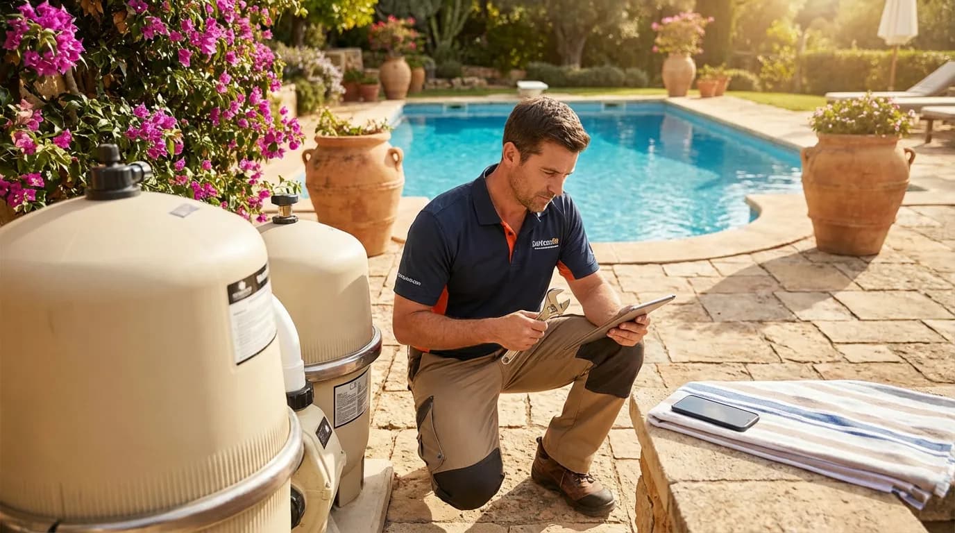 Pisciniste v\u00e9rifiant le syst\u00e8me de filtration d\u2019une piscine en plein soleil